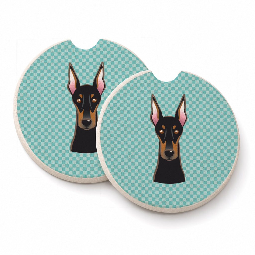 Checkerboard Blue Doberman Set of 2 Cup Holder Car Coasters Absorbent Round Sandstone Coasters Gifts for Men or Women, 2.5, Multicolor