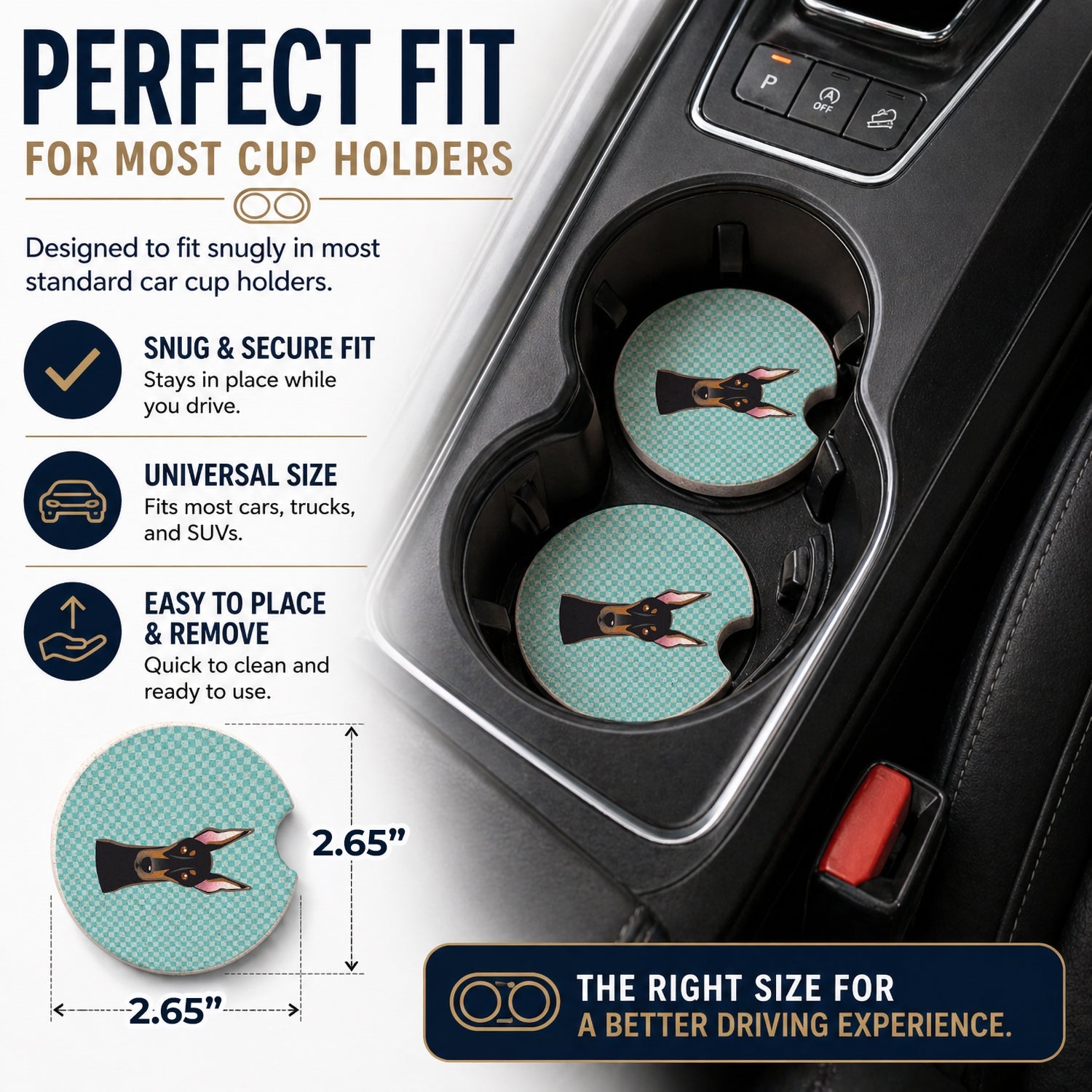 Checkerboard Blue Doberman Set of 2 Cup Holder Car Coasters Absorbent Round Sandstone Coasters Gifts for Men or Women, 2.5, Multicolor