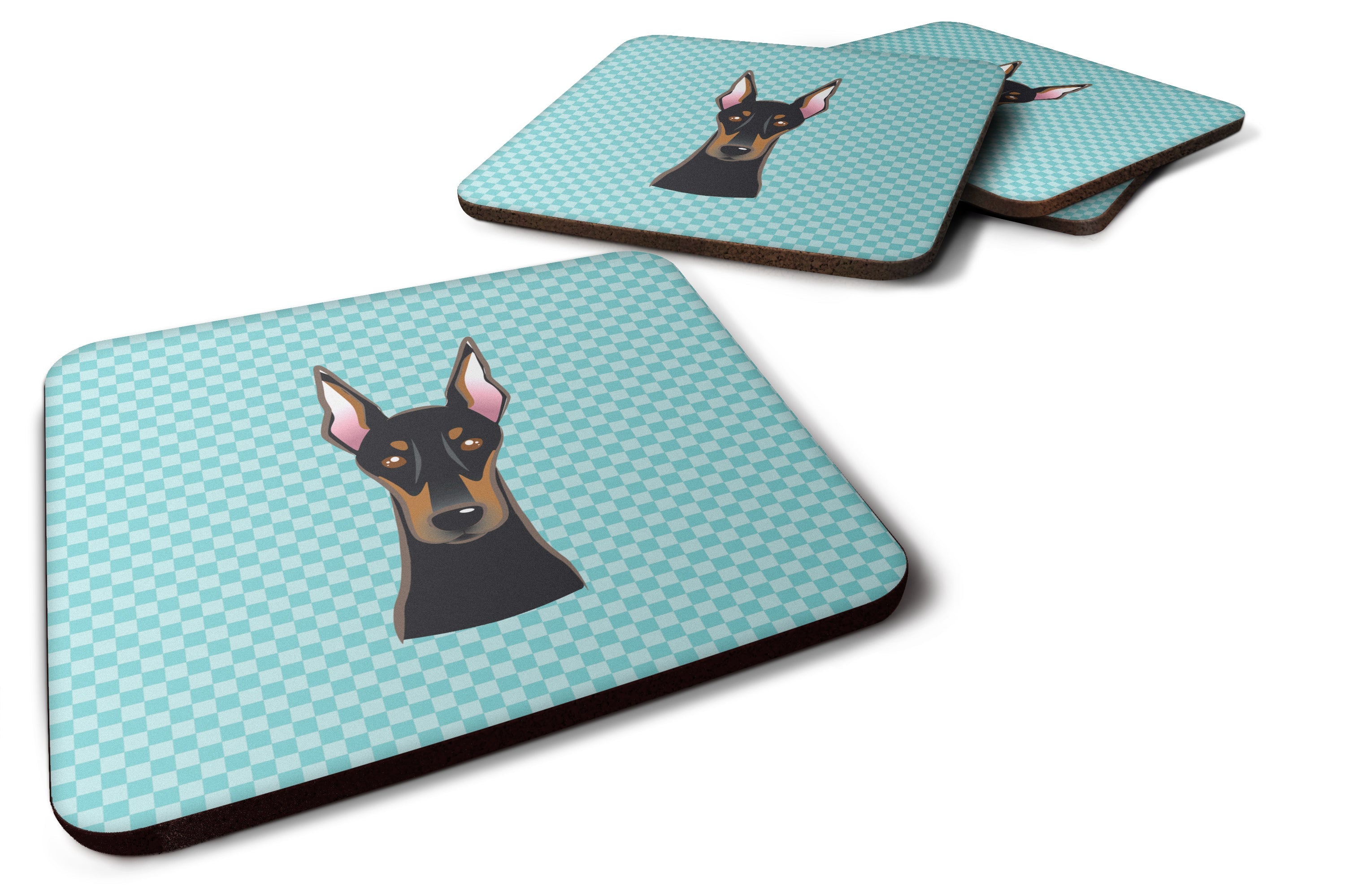Checkerboard Blue Doberman Foam Coasters Set of 4 Cup Coasters for Indoor Outdoor, Tabletop Protection, Anti Slip, Mouse pad Material
