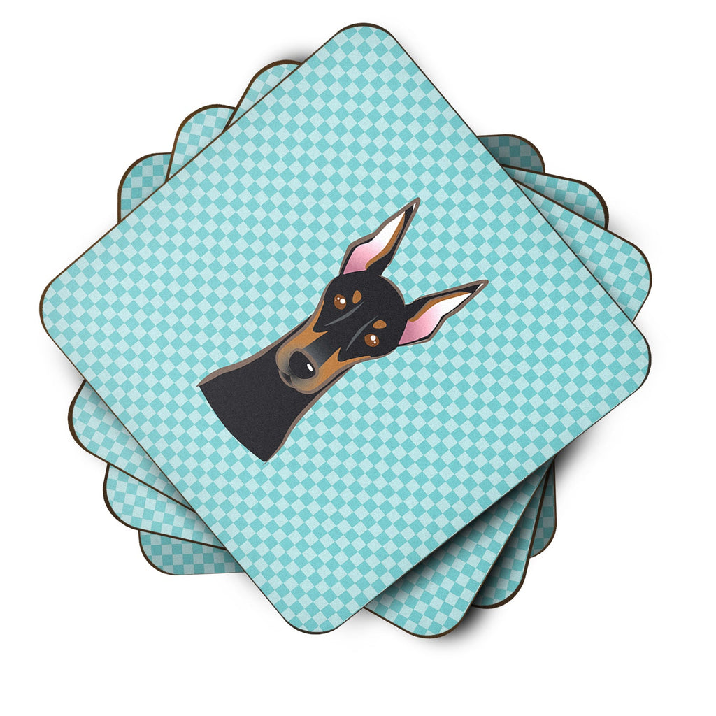 Checkerboard Blue Doberman Foam Coasters Set of 4 Cup Coasters for Indoor Outdoor, Tabletop Protection, Anti Slip, Mouse pad Material