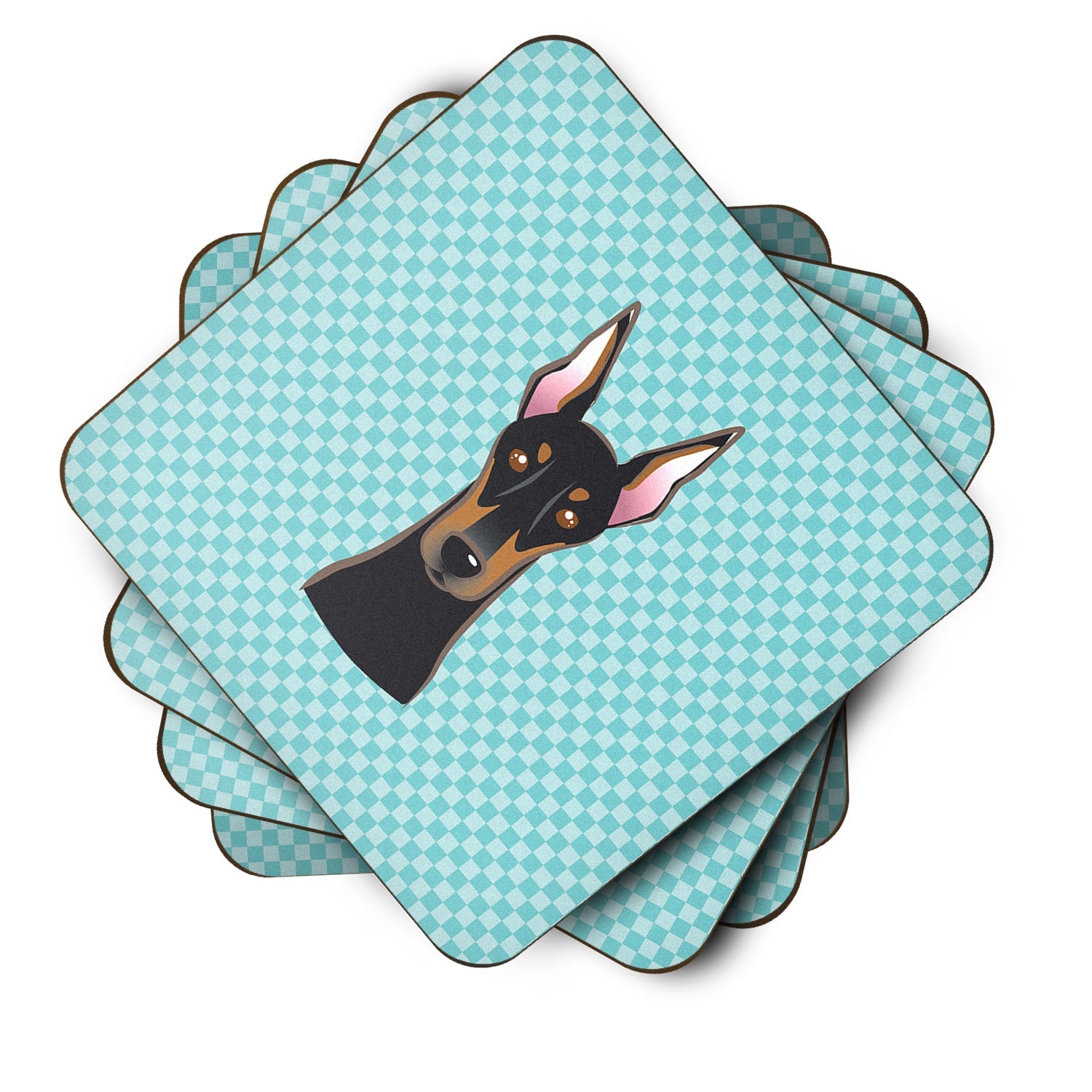 Checkerboard Blue Doberman Foam Coasters Set of 4 Cup Coasters for Indoor Outdoor, Tabletop Protection, Anti Slip, Mouse pad Material