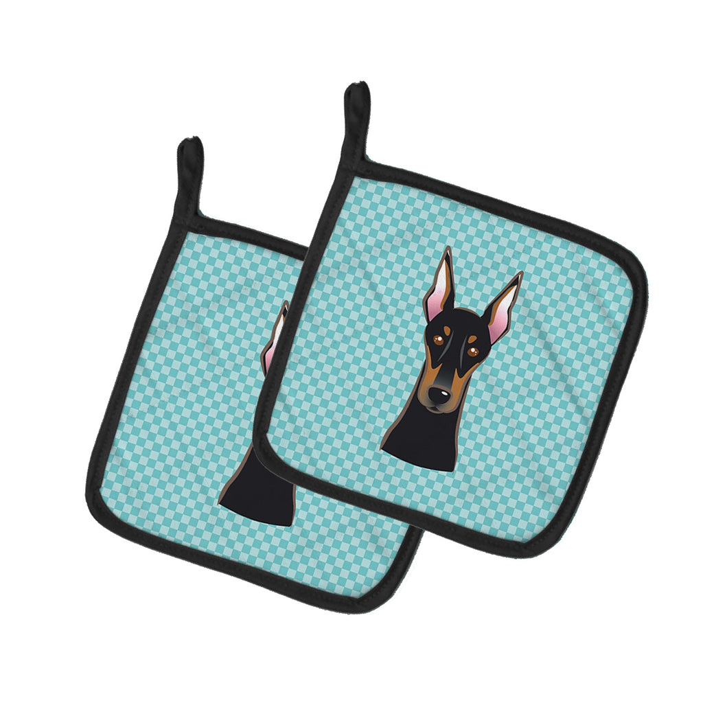 Checkerboard Blue Doberman Pot Holder Set of 2 Heat Resistant Quilted Hot Pads 7.5 x 7.5 Inch, Insulated Kitchen Trivets for Cooking & Baking