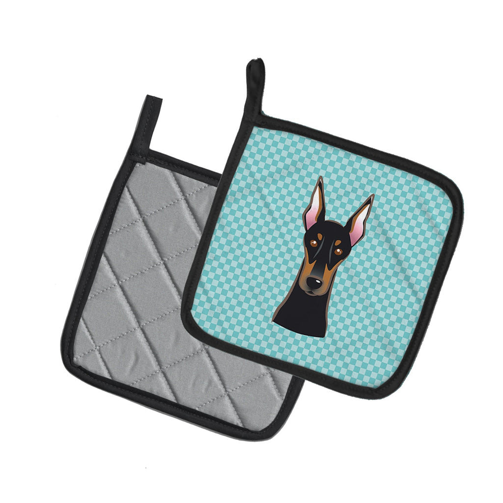 Checkerboard Blue Doberman Pot Holder Set of 2 Heat Resistant Quilted Hot Pads 7.5 x 7.5 Inch, Insulated Kitchen Trivets for Cooking & Baking