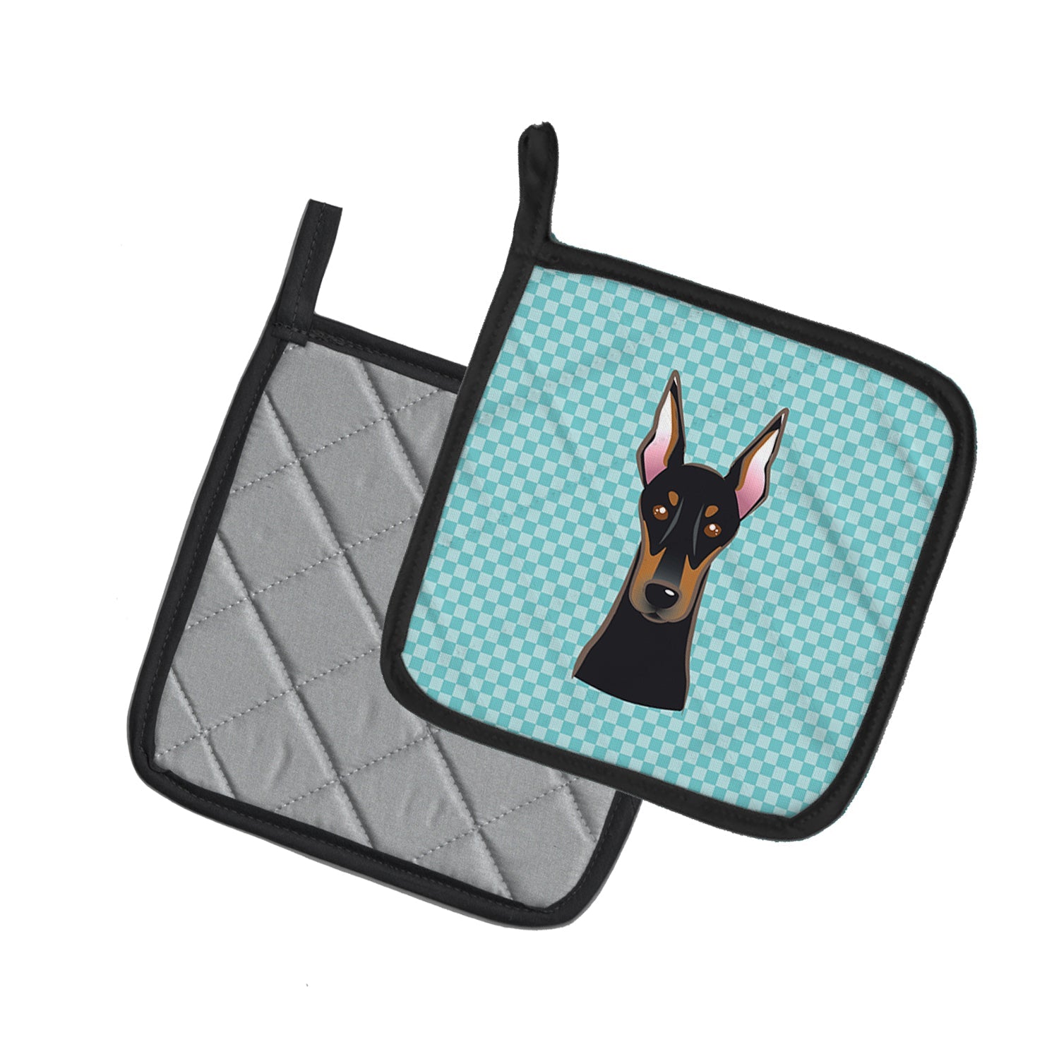 Checkerboard Blue Doberman Pot Holder Set of 2 Heat Resistant Quilted Hot Pads 7.5 x 7.5 Inch, Insulated Kitchen Trivets for Cooking & Baking