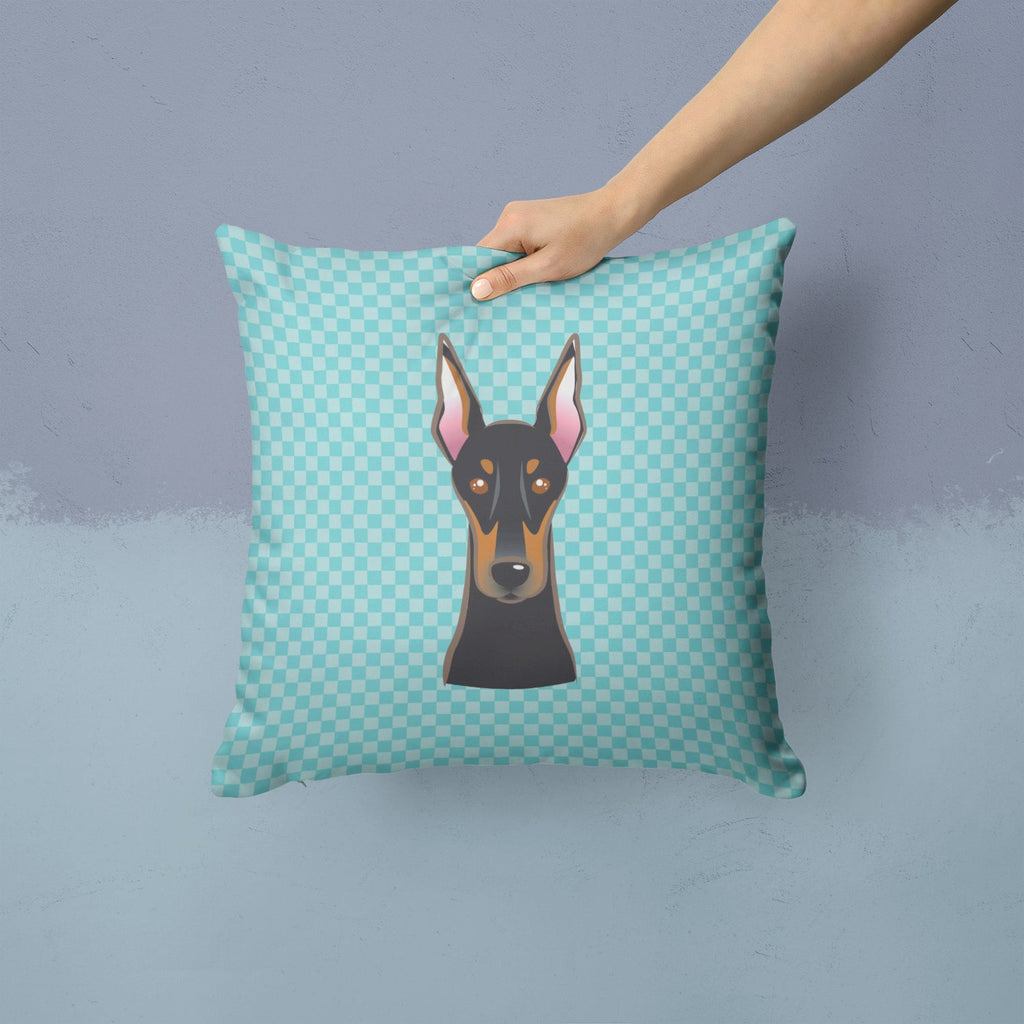 Checkerboard Blue Doberman Decorative Throw Pillow 14x14 Indoor Outdoor Accent Cushion, Fabric Cover with Insert for Sofa, Bed, Porch & Living Room