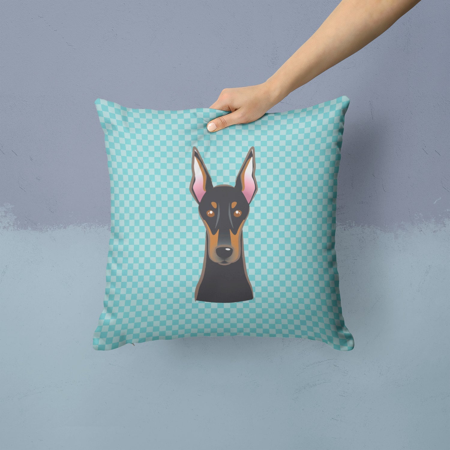 Checkerboard Blue Doberman Decorative Throw Pillow 14x14 Indoor Outdoor Accent Cushion, Fabric Cover with Insert for Sofa, Bed, Porch & Living Room