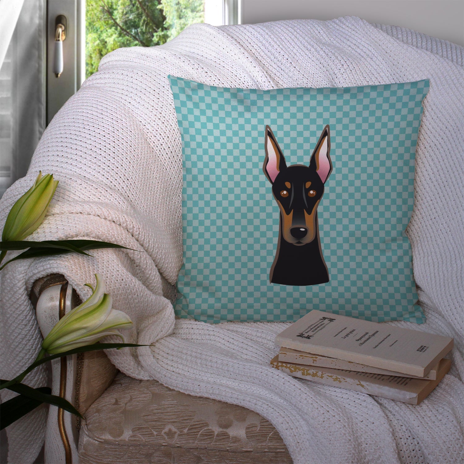 Checkerboard Blue Doberman Decorative Throw Pillow 14x14 Indoor Outdoor Accent Cushion, Fabric Cover with Insert for Sofa, Bed, Porch & Living Room