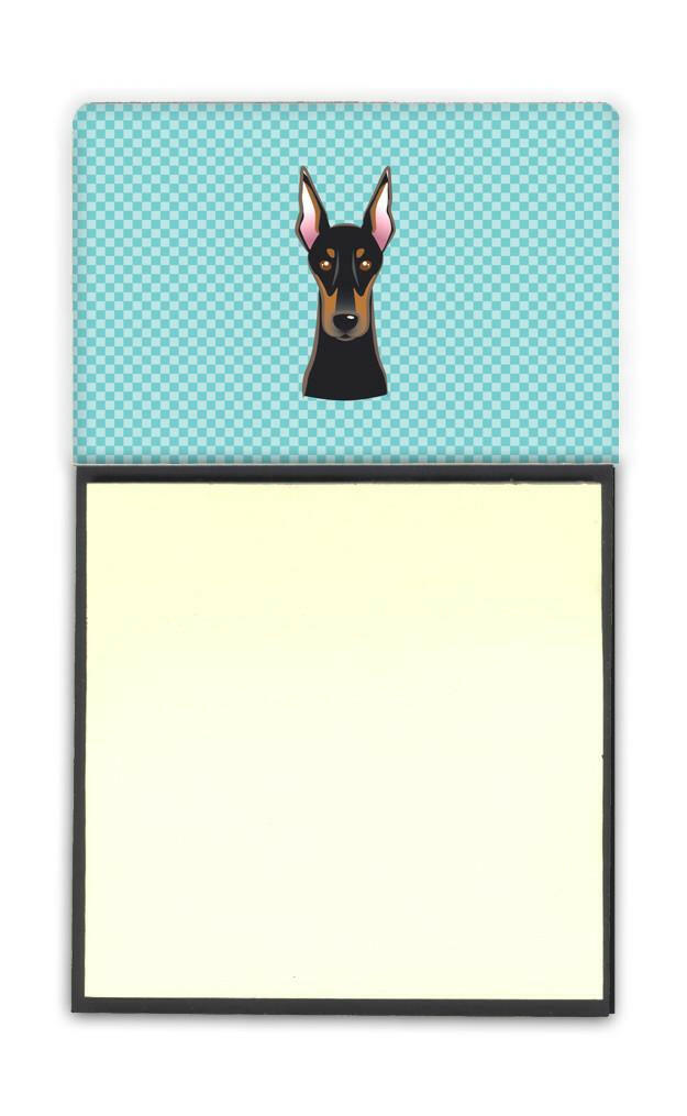 Checkerboard Blue Doberman Watercolor Sticky Note Holder Refillable Dispenser Desk Accessory 3x3 Pad Gift