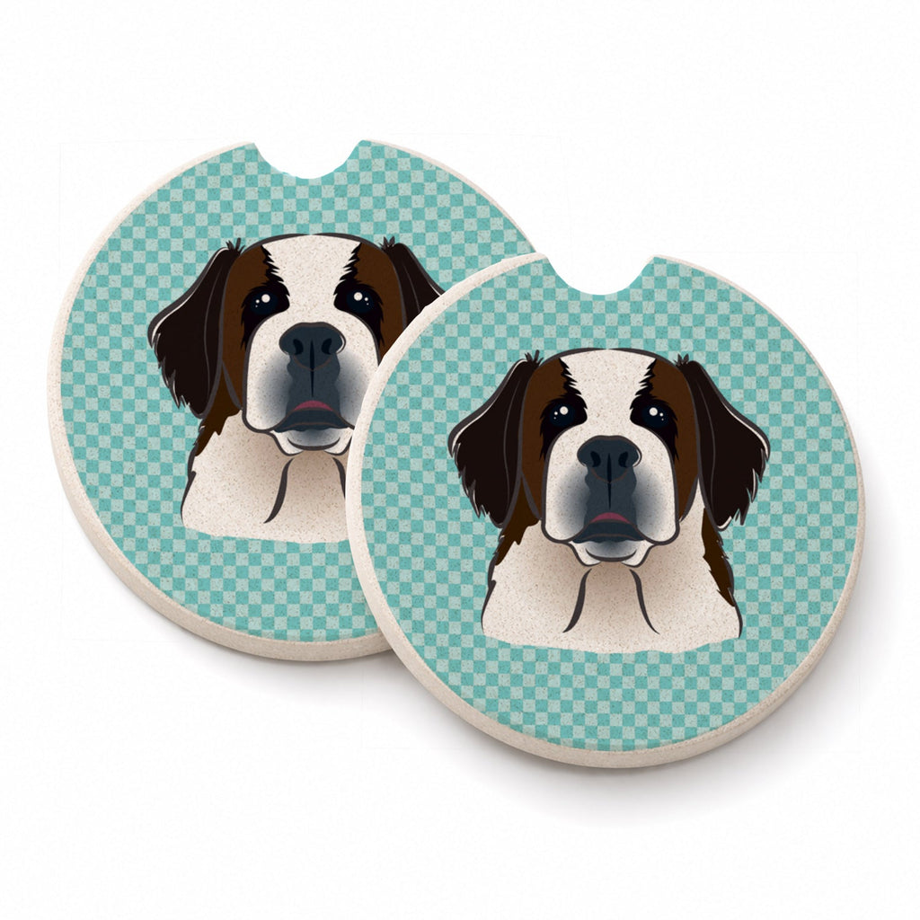 Checkerboard Blue Saint Bernard Set of 2 Cup Holder Car Coasters Absorbent Round Sandstone Coasters Gifts for Men or Women, 2.5, Multicolor