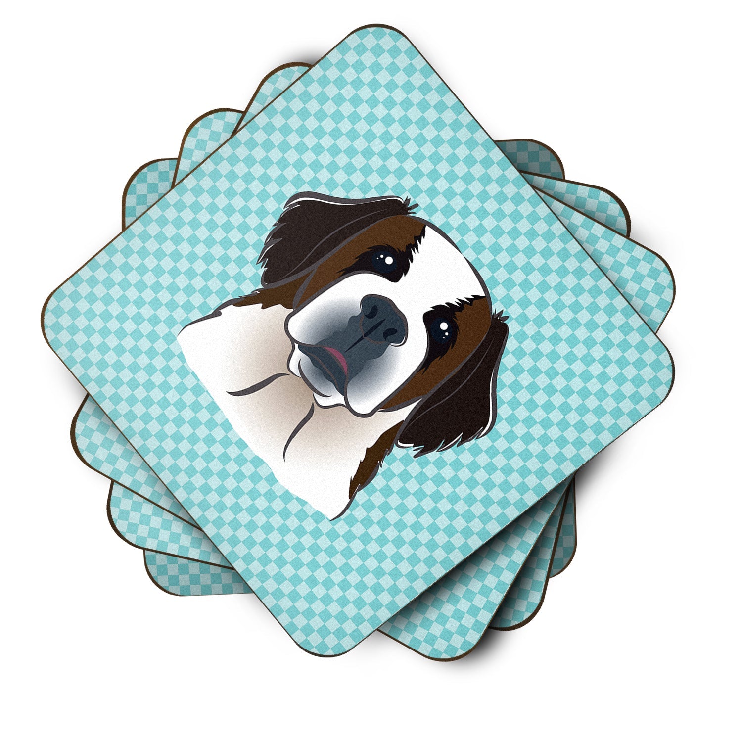 Checkerboard Blue Saint Bernard Foam Coasters Set of 4 Cup Coasters for Indoor Outdoor, Tabletop Protection, Anti Slip, Mouse pad Material