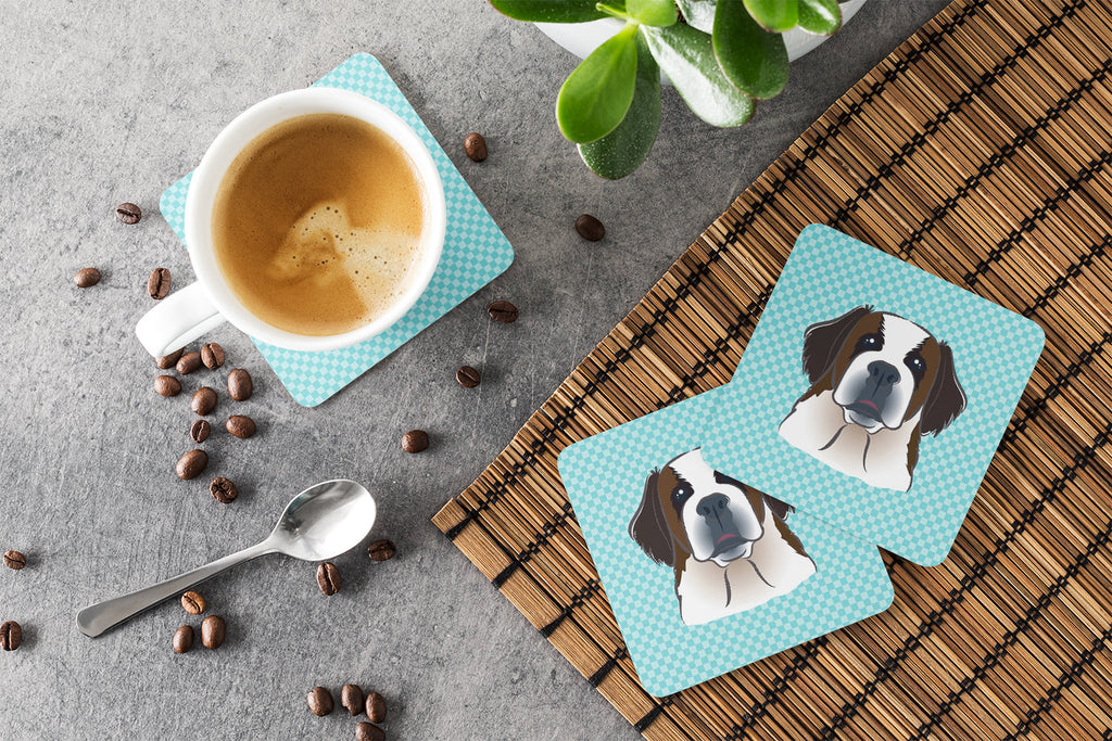 Checkerboard Blue Saint Bernard Foam Coasters Set of 4 Cup Coasters for Indoor Outdoor, Tabletop Protection, Anti Slip, Mouse pad Material