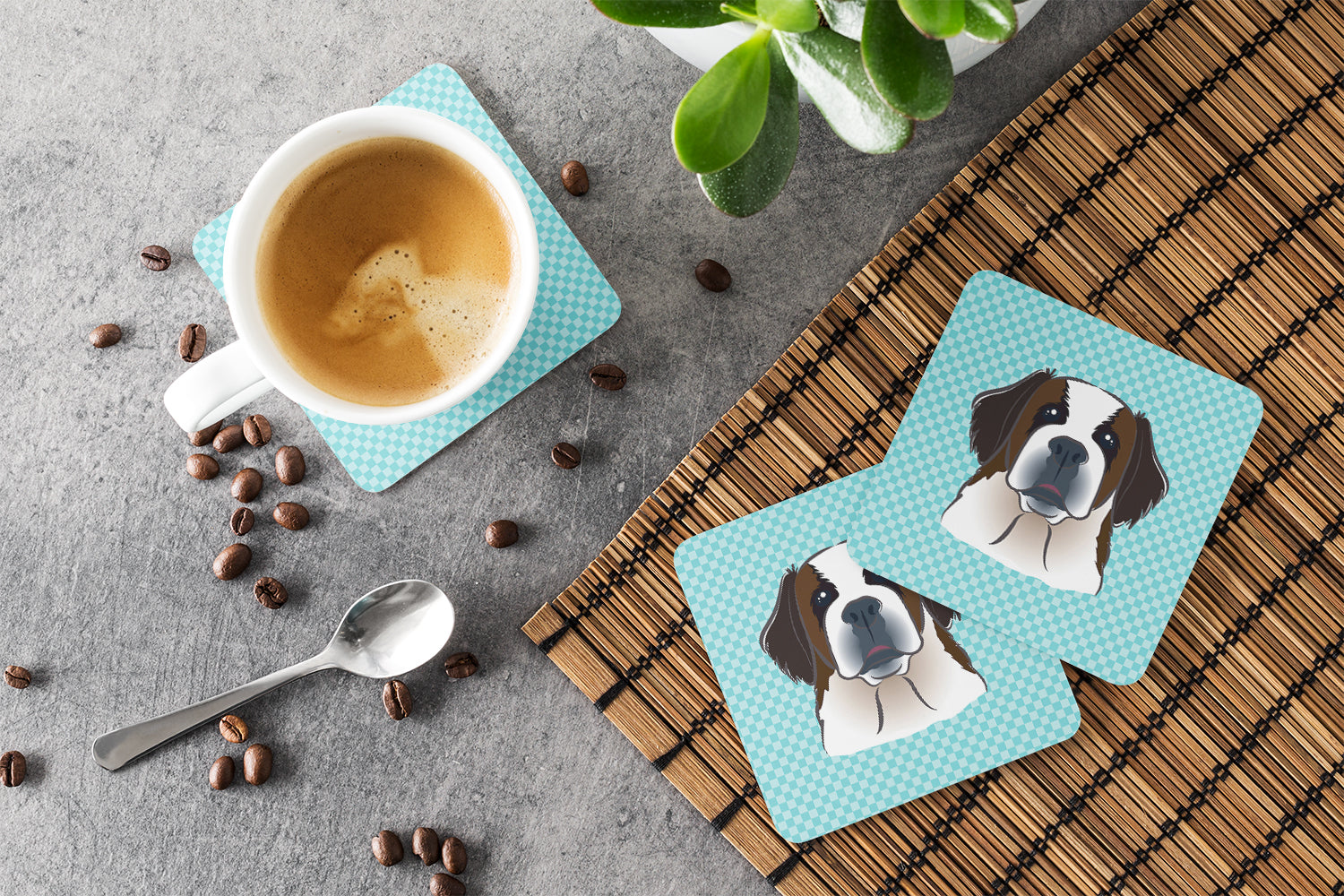 Checkerboard Blue Saint Bernard Foam Coasters Set of 4 Cup Coasters for Indoor Outdoor, Tabletop Protection, Anti Slip, Mouse pad Material