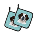 Checkerboard Blue Saint Bernard Pot Holder Set of 2 Heat Resistant Quilted Hot Pads 7.5 x 7.5 Inch, Insulated Kitchen Trivets for Cooking & Baking