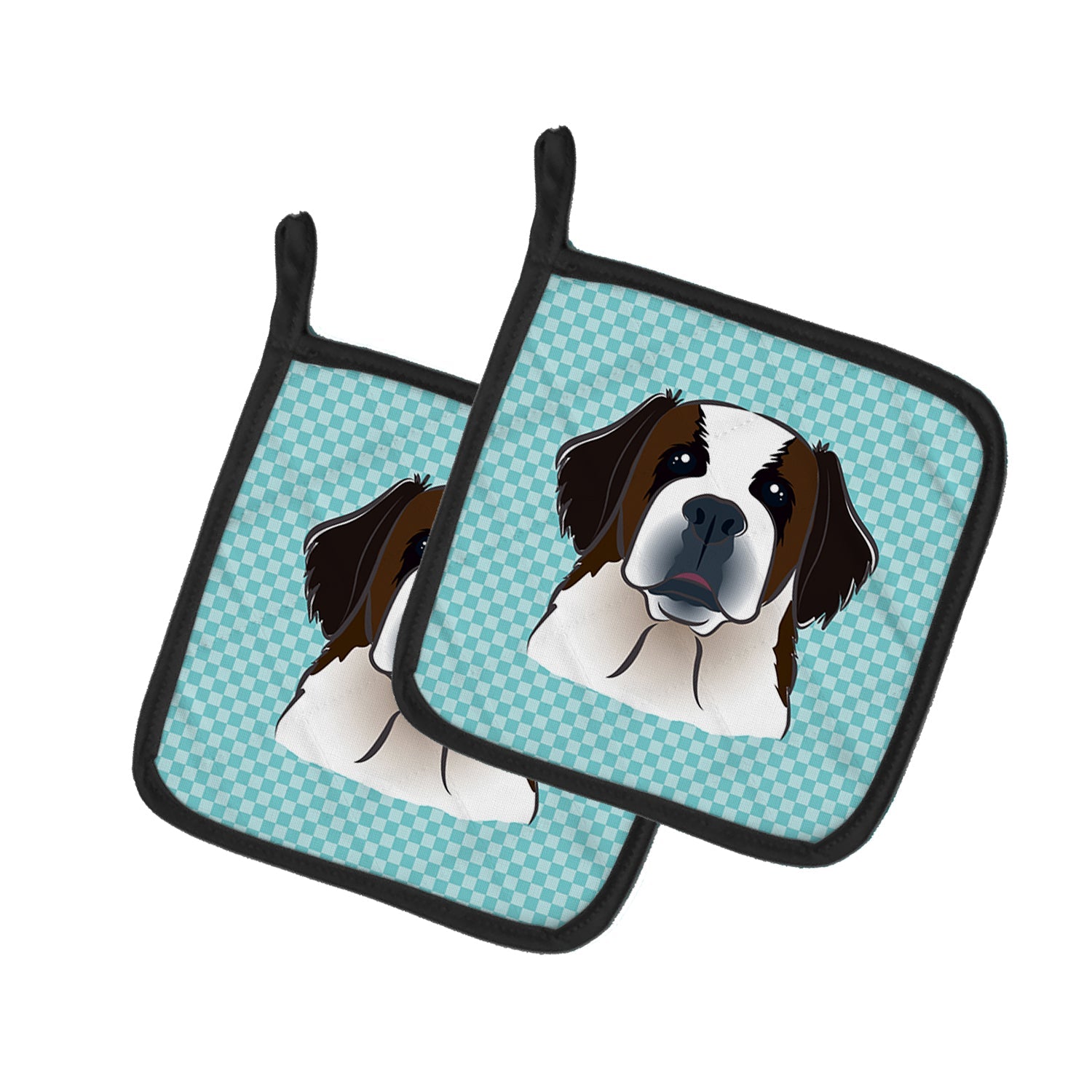 Checkerboard Blue Saint Bernard Pot Holder Set of 2 Heat Resistant Quilted Hot Pads 7.5 x 7.5 Inch, Insulated Kitchen Trivets for Cooking & Baking