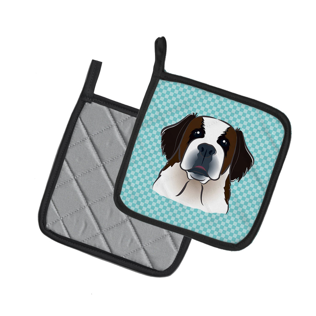 Checkerboard Blue Saint Bernard Pot Holder Set of 2 Heat Resistant Quilted Hot Pads 7.5 x 7.5 Inch, Insulated Kitchen Trivets for Cooking & Baking