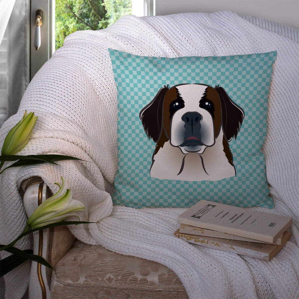 Checkerboard Blue Saint Bernard Decorative Throw Pillow 14x14 Indoor Outdoor Accent Cushion, Fabric Cover with Insert for Sofa, Bed, Porch & Living Room