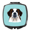 Checkerboard Blue Saint Bernard Compact Mirror Decorative Travel Makeup Mirror for Women Girls Gifts Pocket Makeup Mirror Folding Handheld