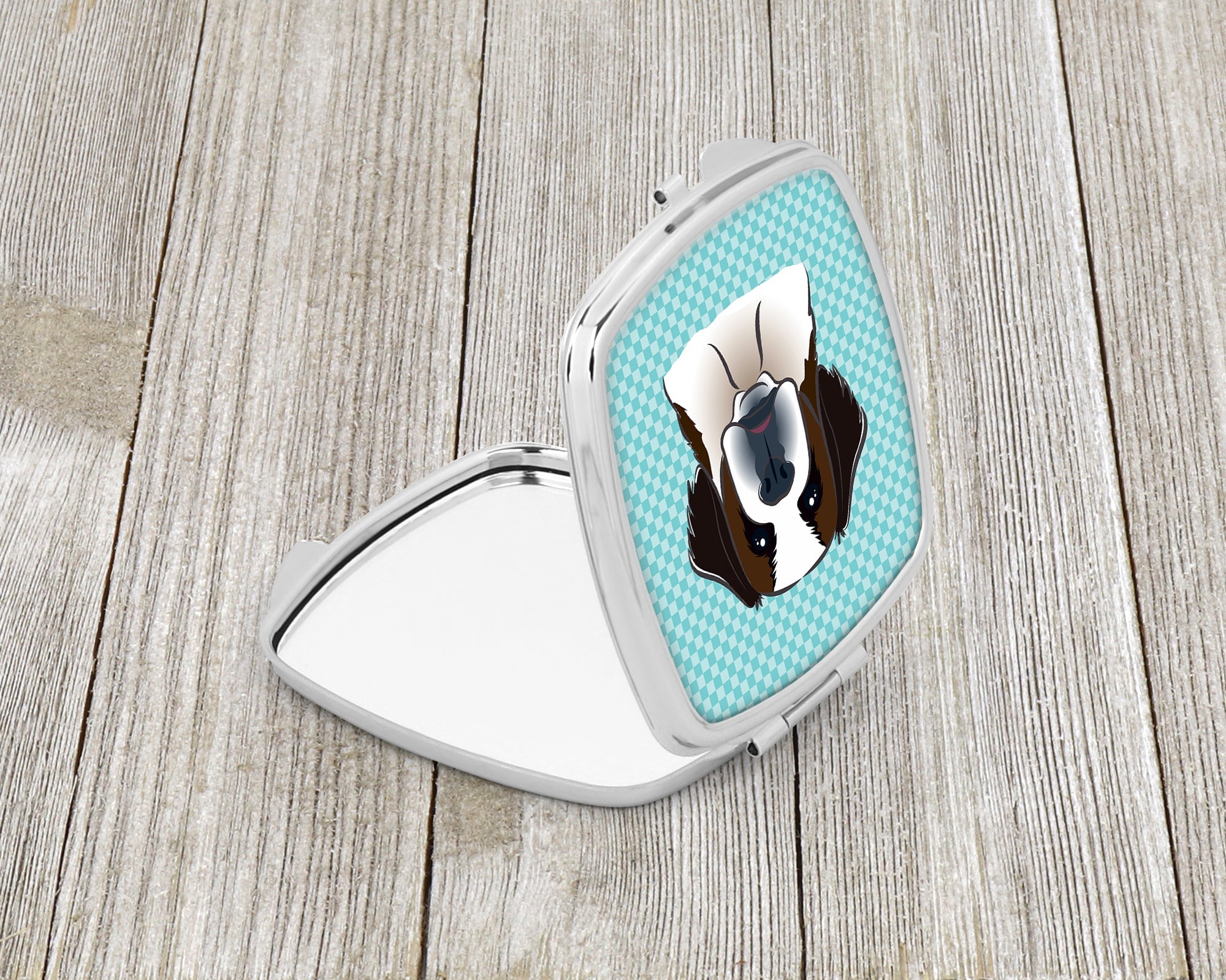 Checkerboard Blue Saint Bernard Compact Mirror Decorative Travel Makeup Mirror for Women Girls Gifts Pocket Makeup Mirror Folding Handheld