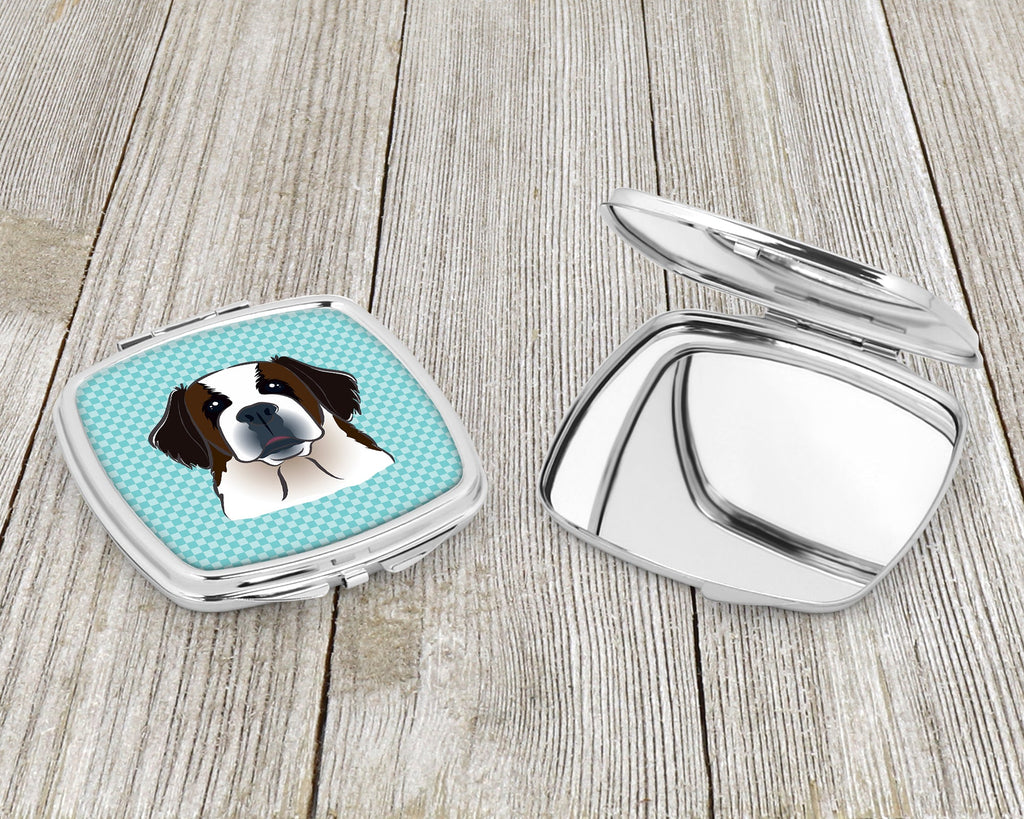 Checkerboard Blue Saint Bernard Compact Mirror Decorative Travel Makeup Mirror for Women Girls Gifts Pocket Makeup Mirror Folding Handheld