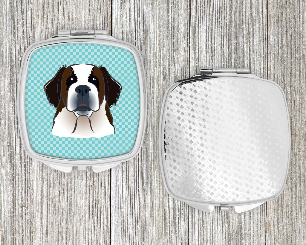 Checkerboard Blue Saint Bernard Compact Mirror Decorative Travel Makeup Mirror for Women Girls Gifts Pocket Makeup Mirror Folding Handheld