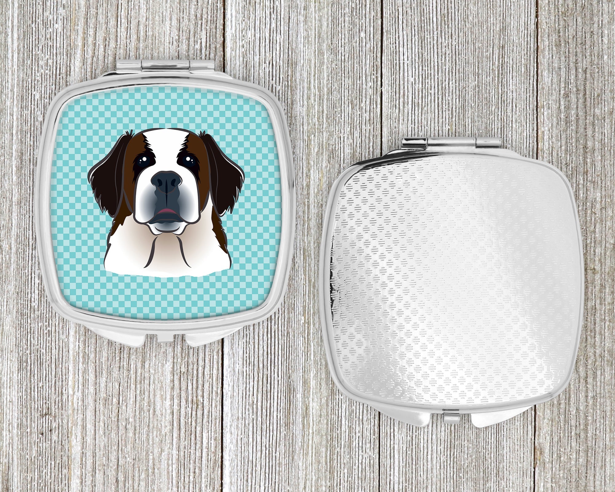 Checkerboard Blue Saint Bernard Compact Mirror Decorative Travel Makeup Mirror for Women Girls Gifts Pocket Makeup Mirror Folding Handheld