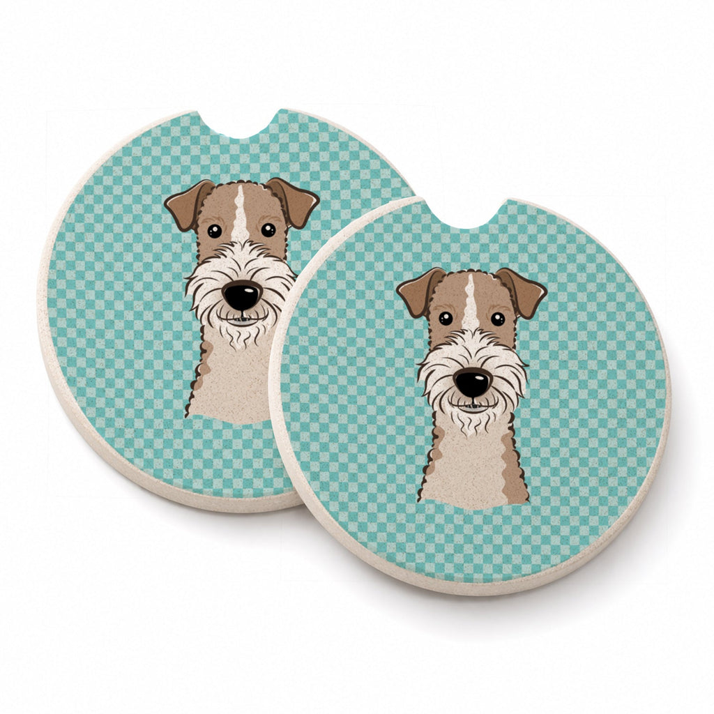 Checkerboard Blue Wire Haired Fox Terrier Set of 2 Cup Holder Car Coasters Absorbent Round Sandstone Coasters Gifts for Men or Women, 2.5, Multicolor