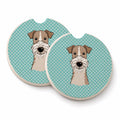 Checkerboard Blue Wire Haired Fox Terrier Set of 2 Cup Holder Car Coasters Absorbent Round Sandstone Coasters Gifts for Men or Women, 2.5, Multicolor