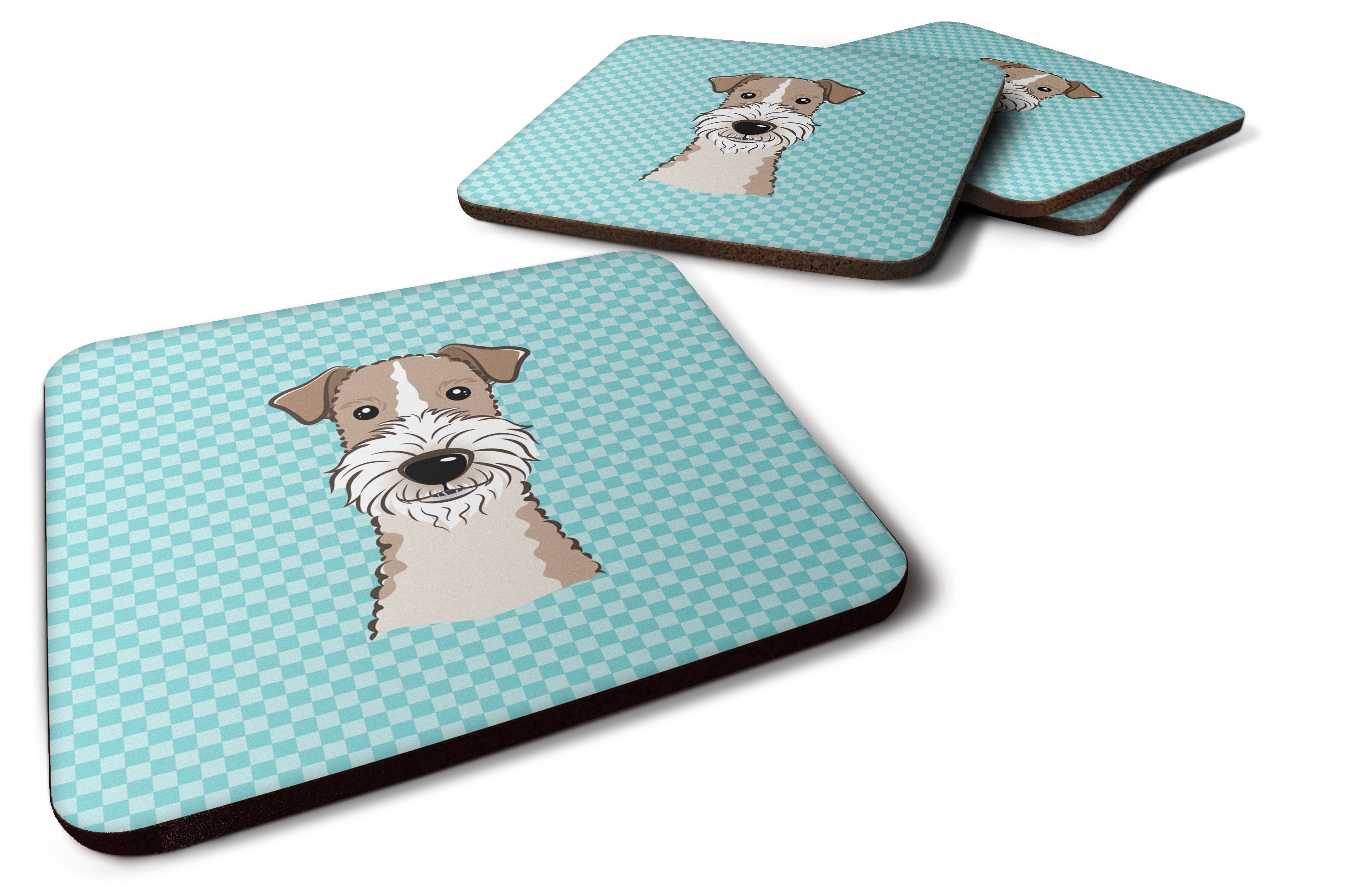 Checkerboard Blue Wire Haired Fox Terrier Foam Coasters Set of 4 Cup Coasters for Indoor Outdoor, Tabletop Protection, Anti Slip, Mouse pad Material
