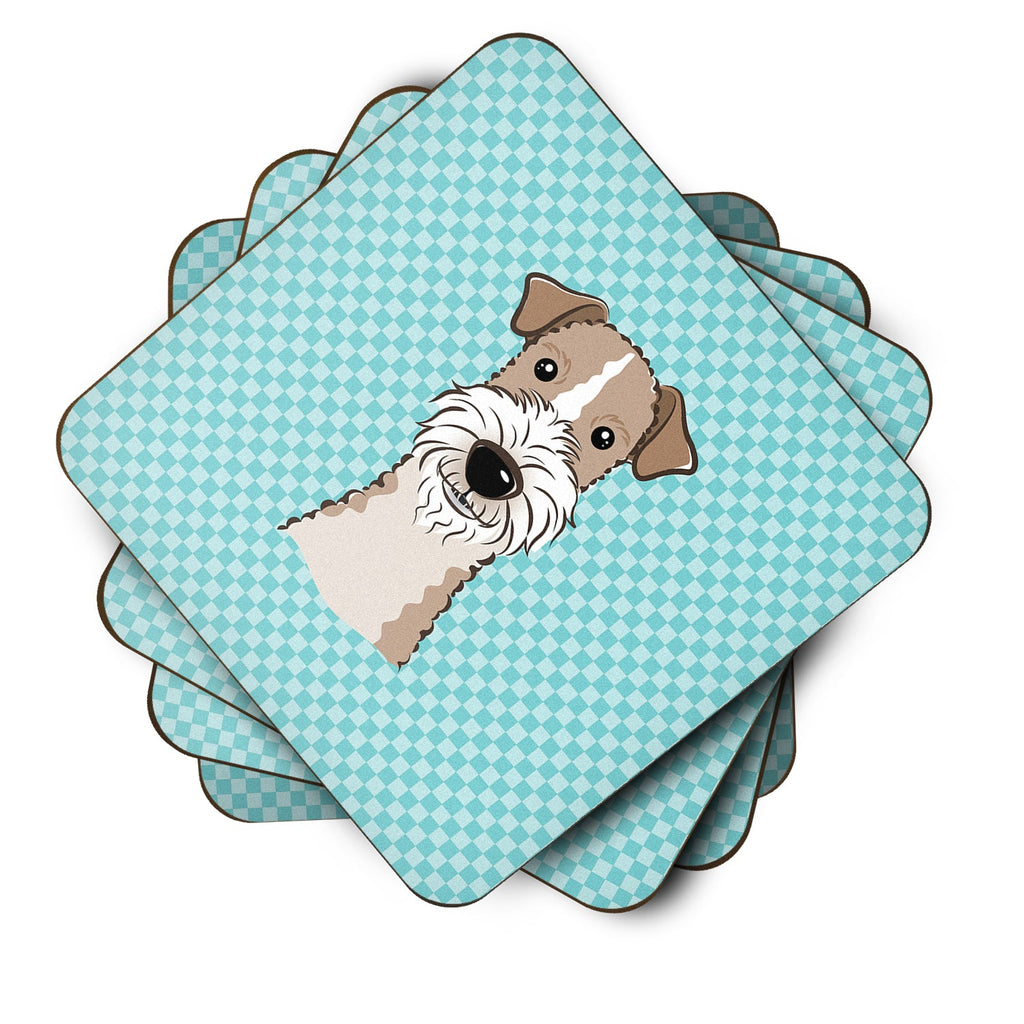 Checkerboard Blue Wire Haired Fox Terrier Foam Coasters Set of 4 Cup Coasters for Indoor Outdoor, Tabletop Protection, Anti Slip, Mouse pad Material
