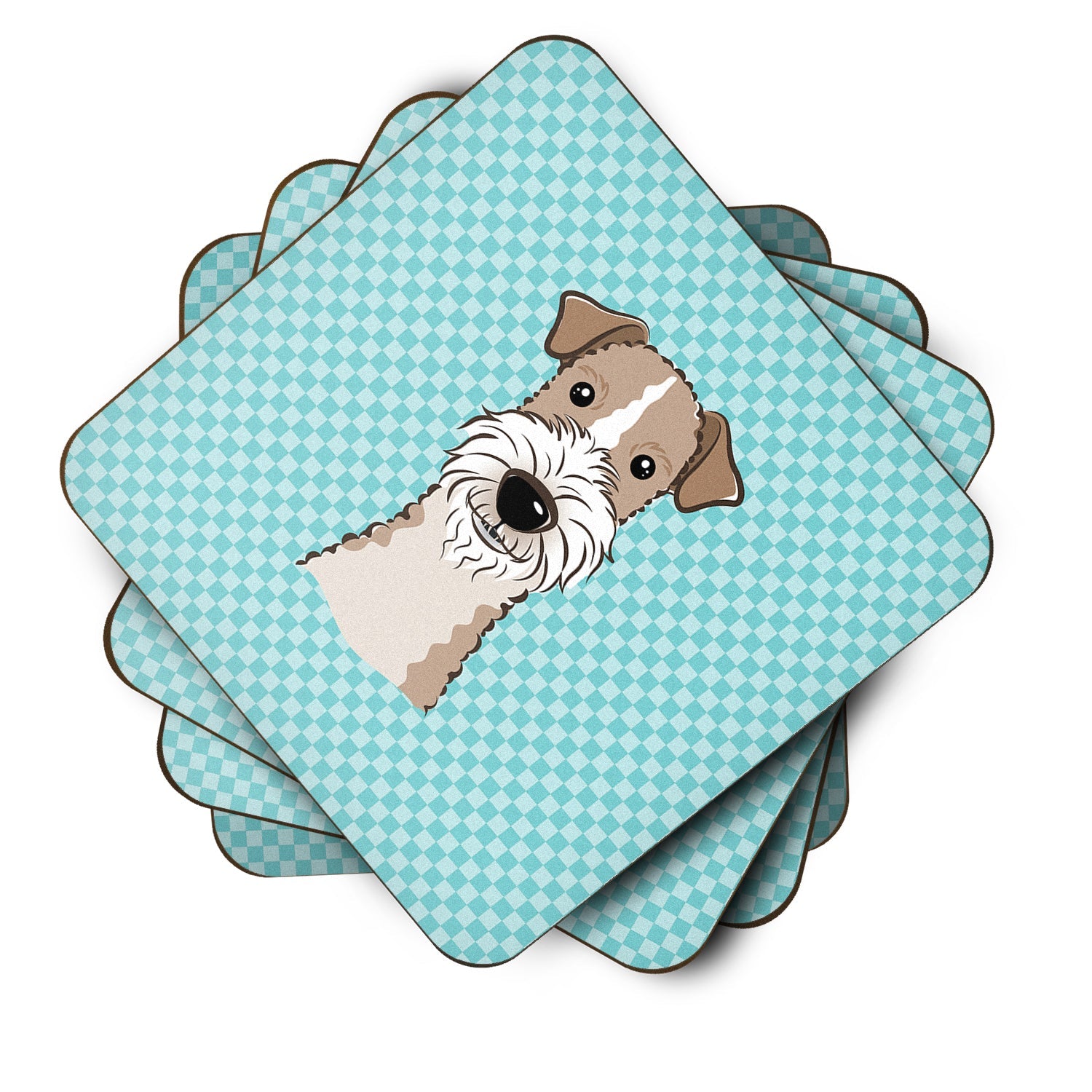 Checkerboard Blue Wire Haired Fox Terrier Foam Coasters Set of 4 Cup Coasters for Indoor Outdoor, Tabletop Protection, Anti Slip, Mouse pad Material