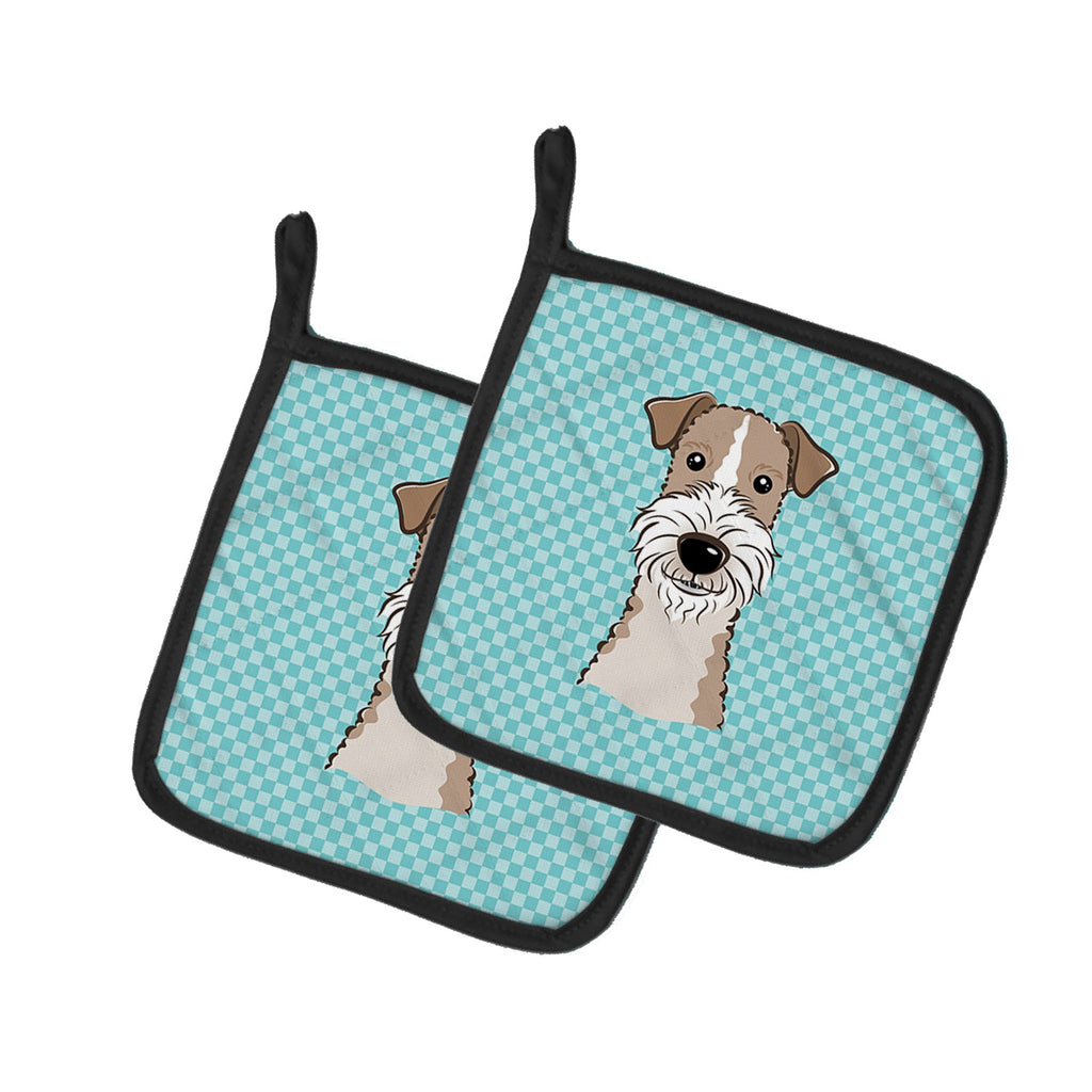 Checkerboard Blue Wire Haired Fox Terrier Pot Holder Set of 2 Heat Resistant Quilted Hot Pads 7.5 x 7.5 Inch, Insulated Kitchen Trivets for Cooking & Baking