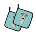 Checkerboard Blue Wire Haired Fox Terrier Pot Holder Set of 2 Heat Resistant Quilted Hot Pads 7.5 x 7.5 Inch, Insulated Kitchen Trivets for Cooking & Baking
