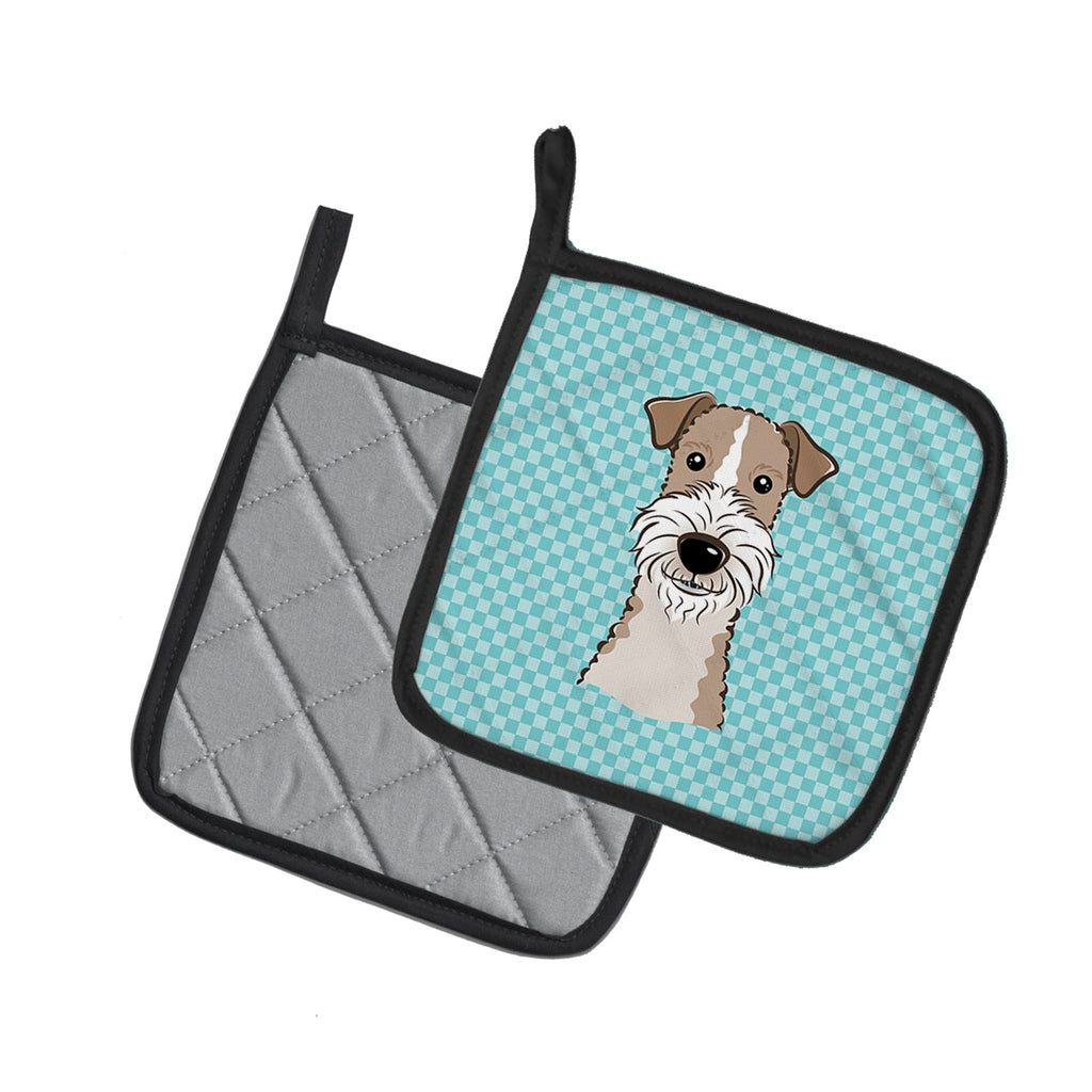 Checkerboard Blue Wire Haired Fox Terrier Pot Holder Set of 2 Heat Resistant Quilted Hot Pads 7.5 x 7.5 Inch, Insulated Kitchen Trivets for Cooking & Baking