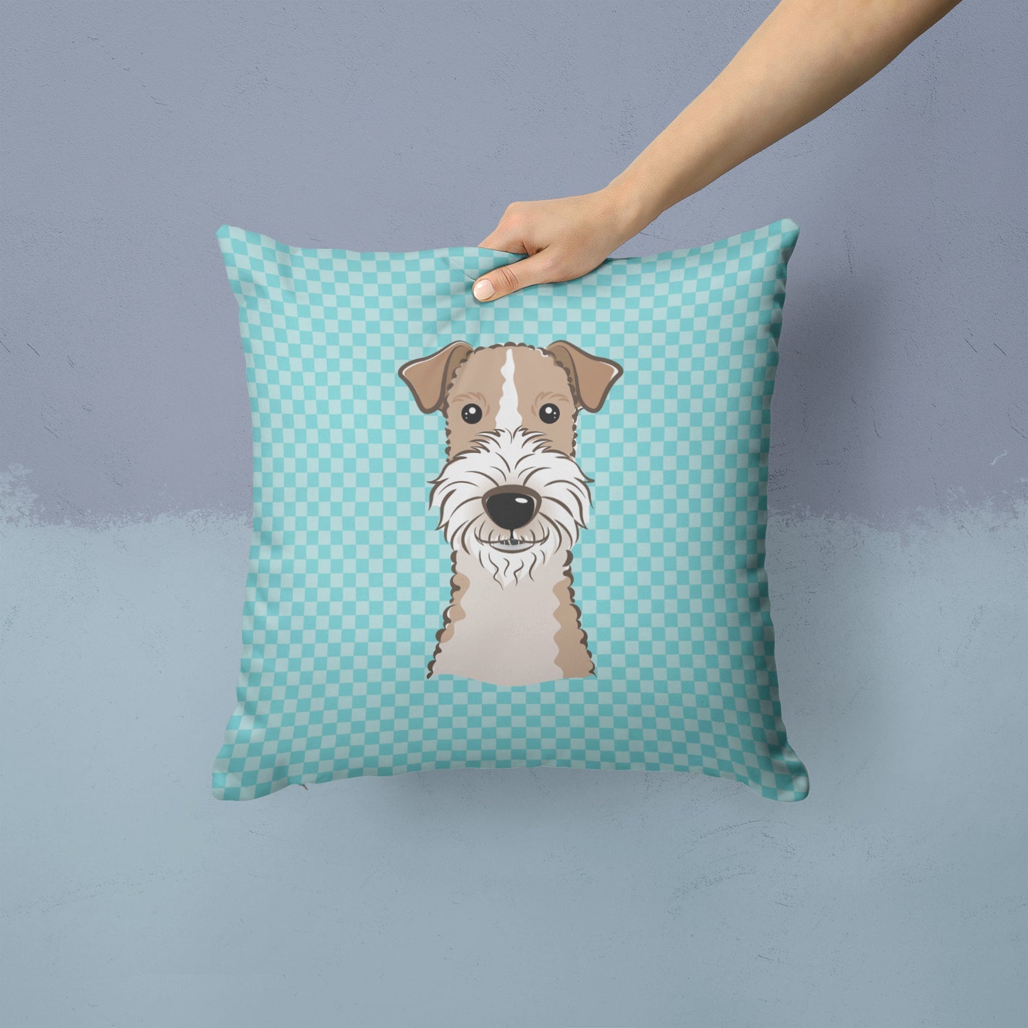 Checkerboard Blue Wire Haired Fox Terrier Decorative Throw Pillow 14x14 Indoor Outdoor Accent Cushion, Fabric Cover with Insert for Sofa, Bed, Porch & Living Room