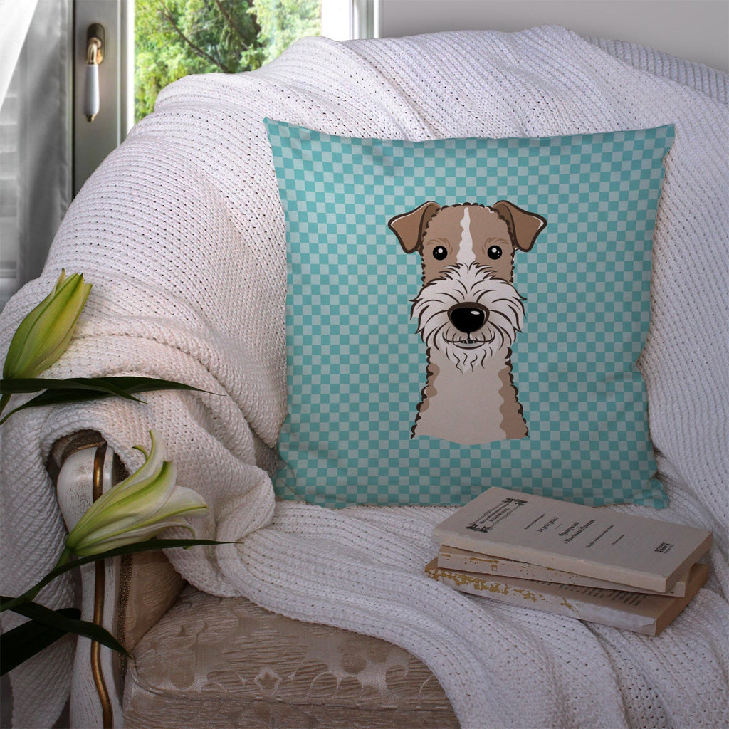Checkerboard Blue Wire Haired Fox Terrier Decorative Throw Pillow 14x14 Indoor Outdoor Accent Cushion, Fabric Cover with Insert for Sofa, Bed, Porch & Living Room