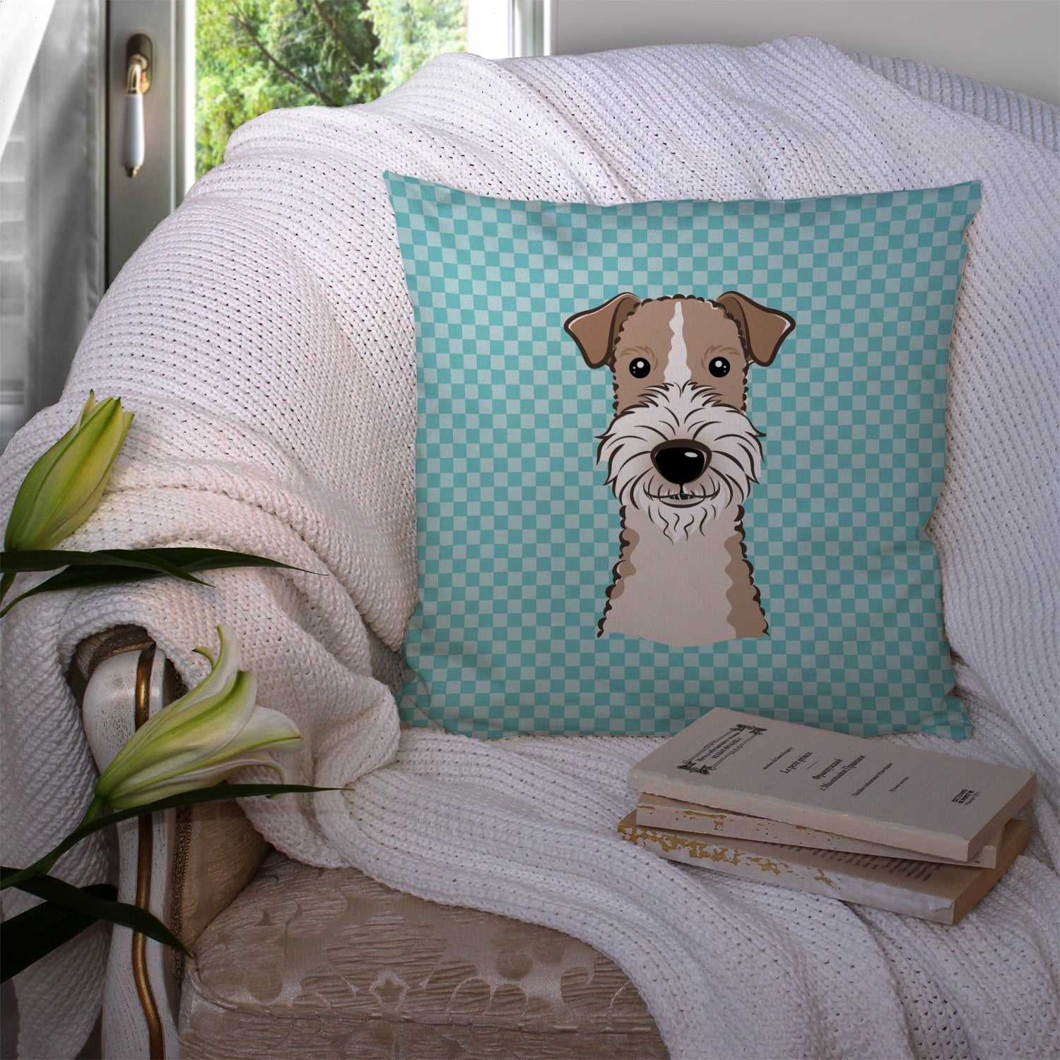 Checkerboard Blue Wire Haired Fox Terrier Decorative Throw Pillow 14x14 Indoor Outdoor Accent Cushion, Fabric Cover with Insert for Sofa, Bed, Porch & Living Room