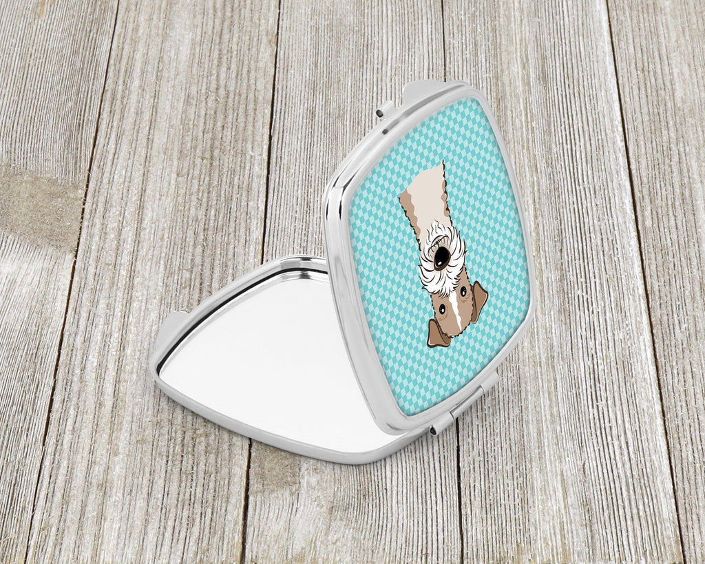 Checkerboard Blue Wire Haired Fox Terrier Compact Mirror Decorative Travel Makeup Mirror for Women Girls Gifts Pocket Makeup Mirror Folding Handheld