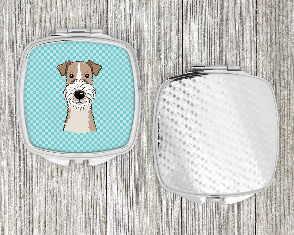 Checkerboard Blue Wire Haired Fox Terrier Compact Mirror Decorative Travel Makeup Mirror for Women Girls Gifts Pocket Makeup Mirror Folding Handheld