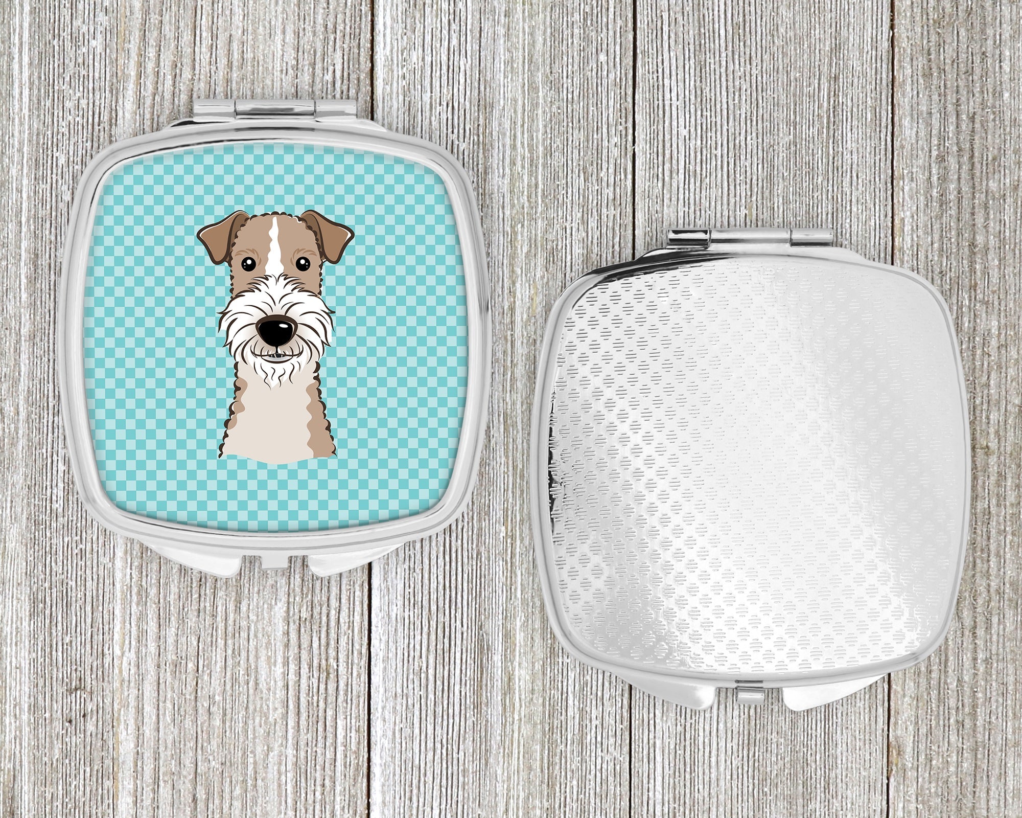 Checkerboard Blue Wire Haired Fox Terrier Compact Mirror Decorative Travel Makeup Mirror for Women Girls Gifts Pocket Makeup Mirror Folding Handheld