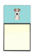 Checkerboard Blue Wire Haired Fox Terrier Watercolor Sticky Note Holder Refillable Dispenser Desk Accessory 3x3 Pad Gift