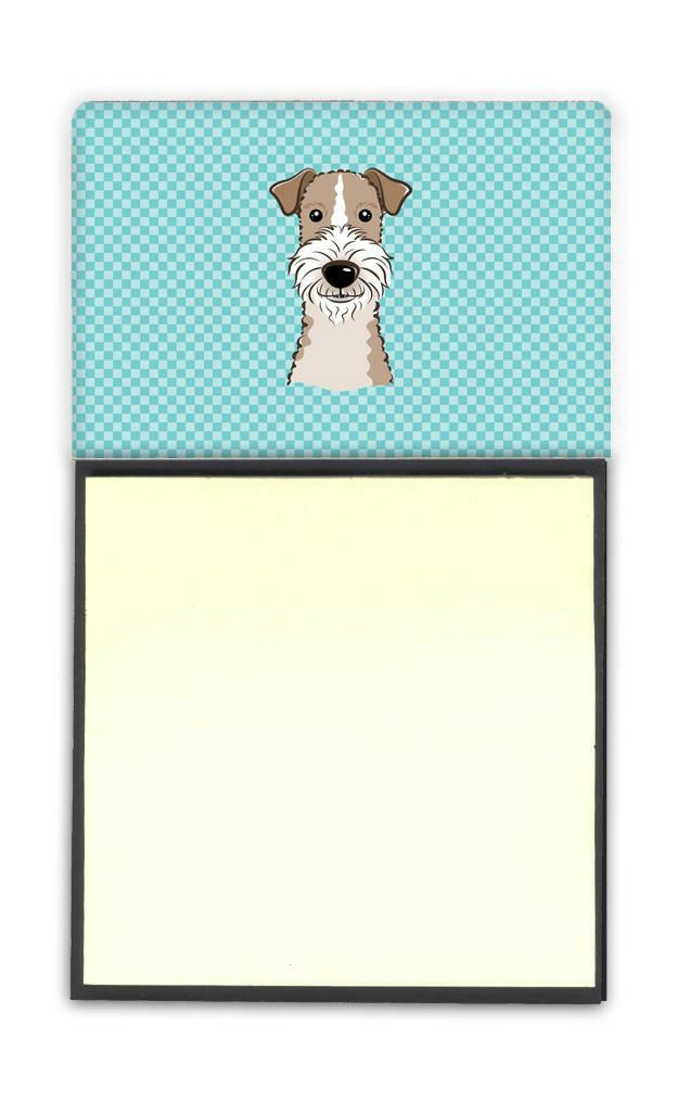 Checkerboard Blue Wire Haired Fox Terrier Watercolor Sticky Note Holder Refillable Dispenser Desk Accessory 3x3 Pad Gift