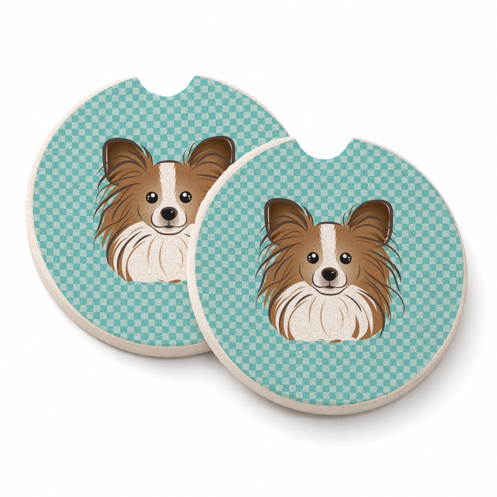 Checkerboard Blue Papillon Set of 2 Cup Holder Car Coasters Absorbent Round Sandstone Coasters Gifts for Men or Women, 2.5, Multicolor