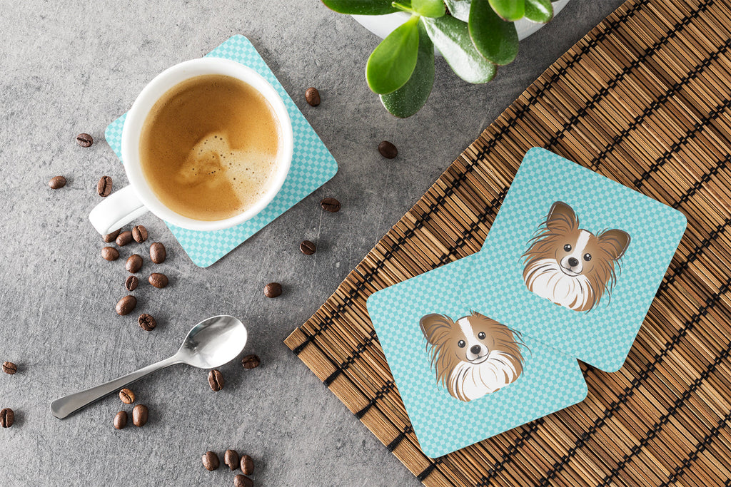Checkerboard Blue Papillon Foam Coasters Set of 4 Cup Coasters for Indoor Outdoor, Tabletop Protection, Anti Slip, Mouse pad Material