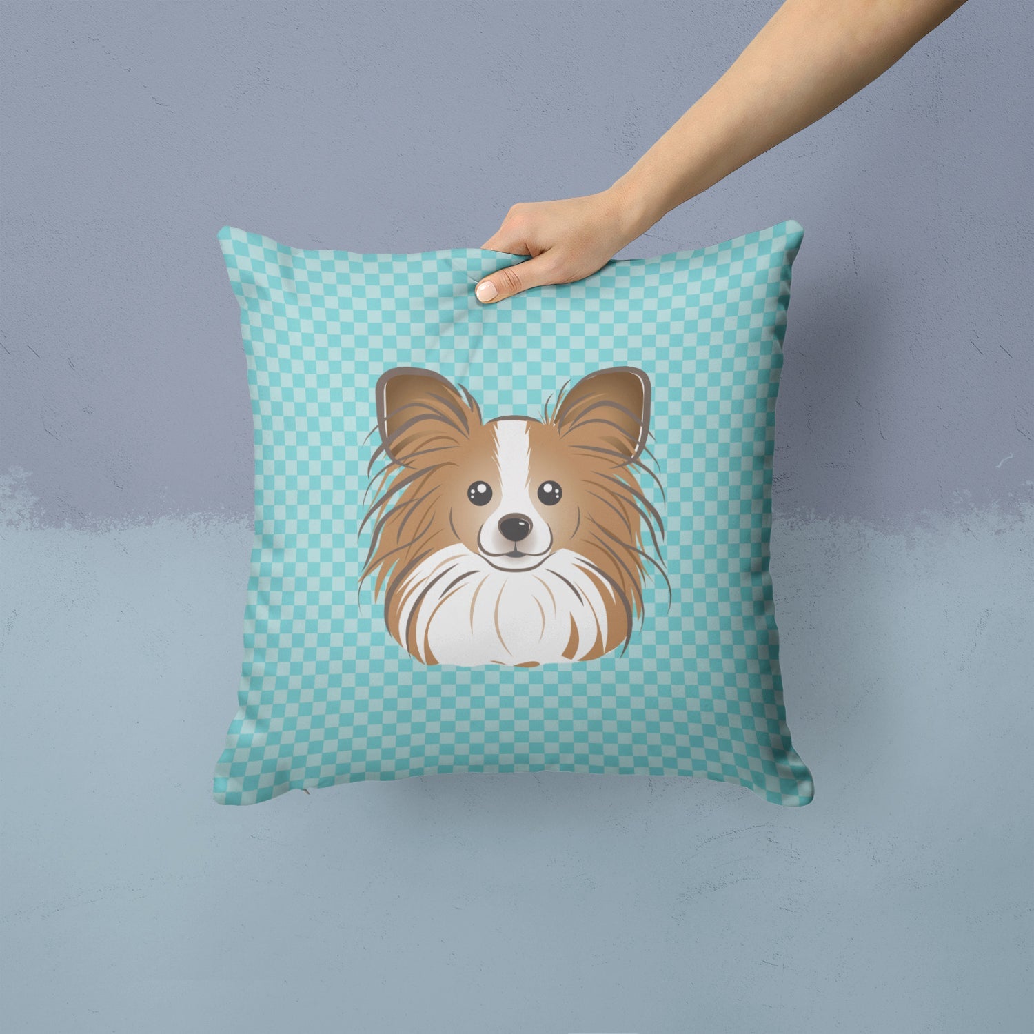 Checkerboard Blue Papillon Decorative Throw Pillow 14x14 Indoor Outdoor Accent Cushion, Fabric Cover with Insert for Sofa, Bed, Porch & Living Room