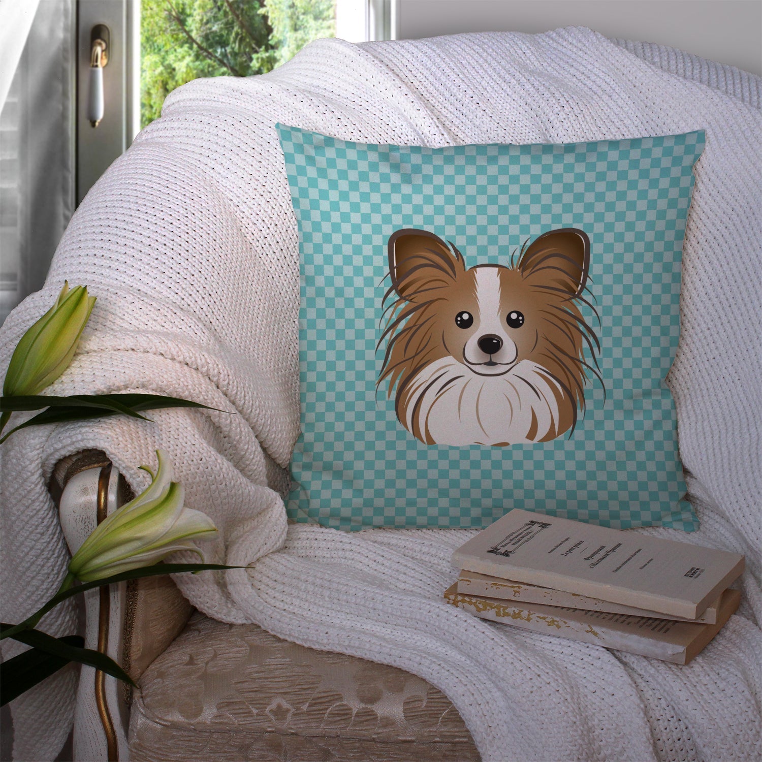 Checkerboard Blue Papillon Decorative Throw Pillow 14x14 Indoor Outdoor Accent Cushion, Fabric Cover with Insert for Sofa, Bed, Porch & Living Room