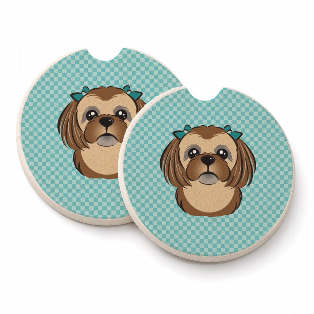 Checkerboard Blue Chocolate Brown Shih Tzu Set of 2 Cup Holder Car Coasters Absorbent Round Sandstone Coasters Gifts for Men or Women, 2.5, Multicolor