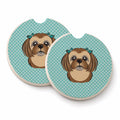 Checkerboard Blue Chocolate Brown Shih Tzu Set of 2 Cup Holder Car Coasters Absorbent Round Sandstone Coasters Gifts for Men or Women, 2.5, Multicolor