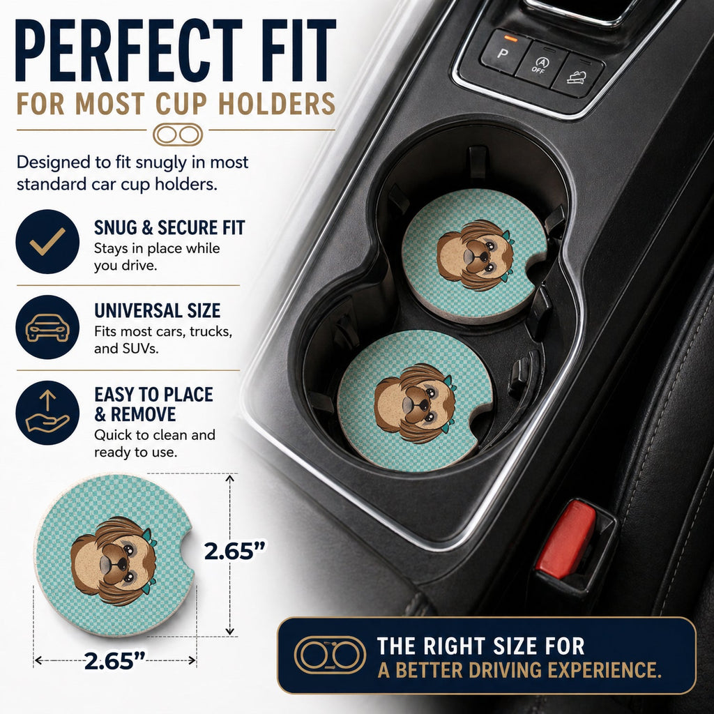 Checkerboard Blue Chocolate Brown Shih Tzu Set of 2 Cup Holder Car Coasters Absorbent Round Sandstone Coasters Gifts for Men or Women, 2.5, Multicolor