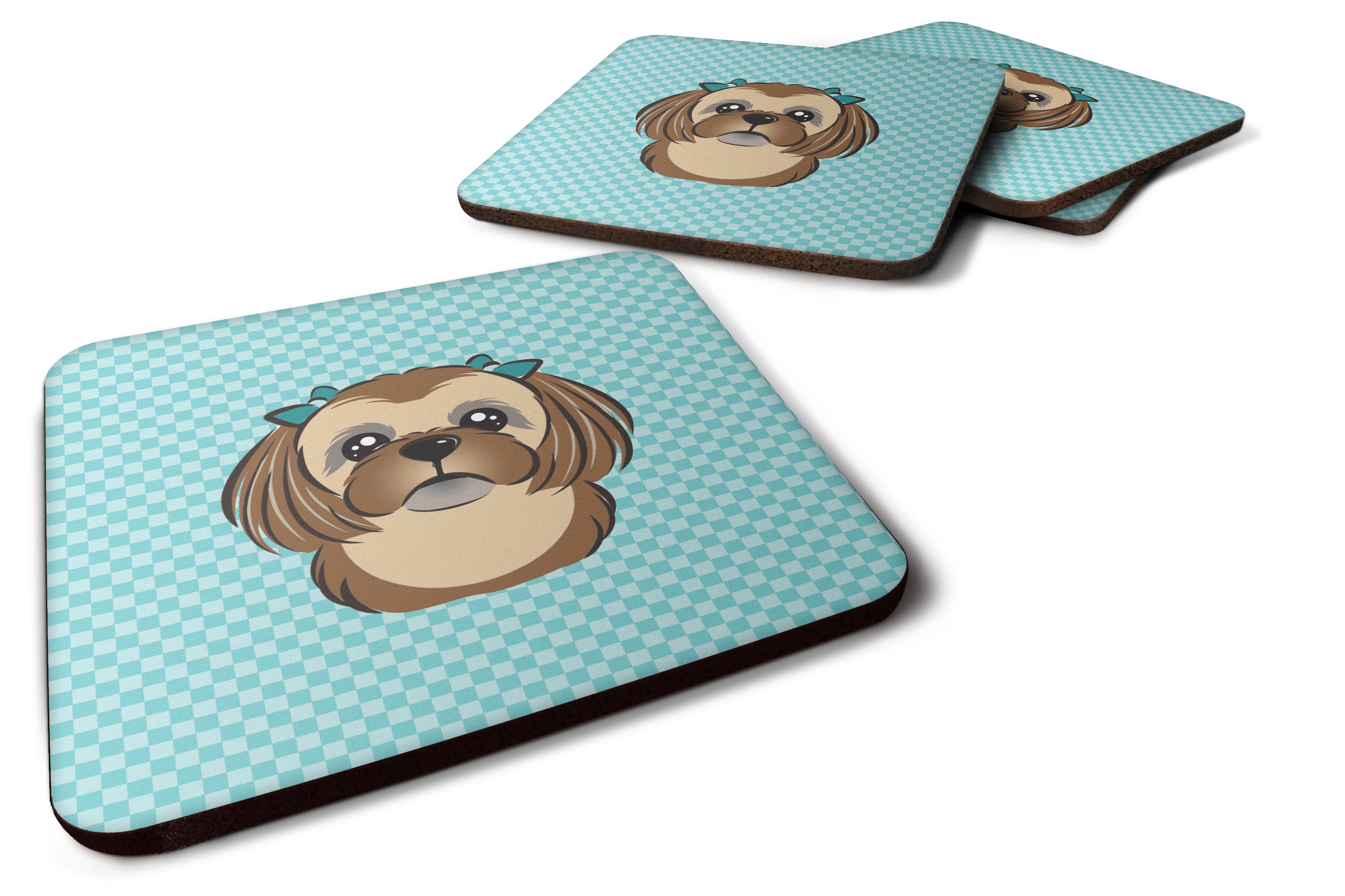 Checkerboard Blue Chocolate Brown Shih Tzu Foam Coasters Set of 4 Cup Coasters for Indoor Outdoor, Tabletop Protection, Anti Slip, Mouse pad Material