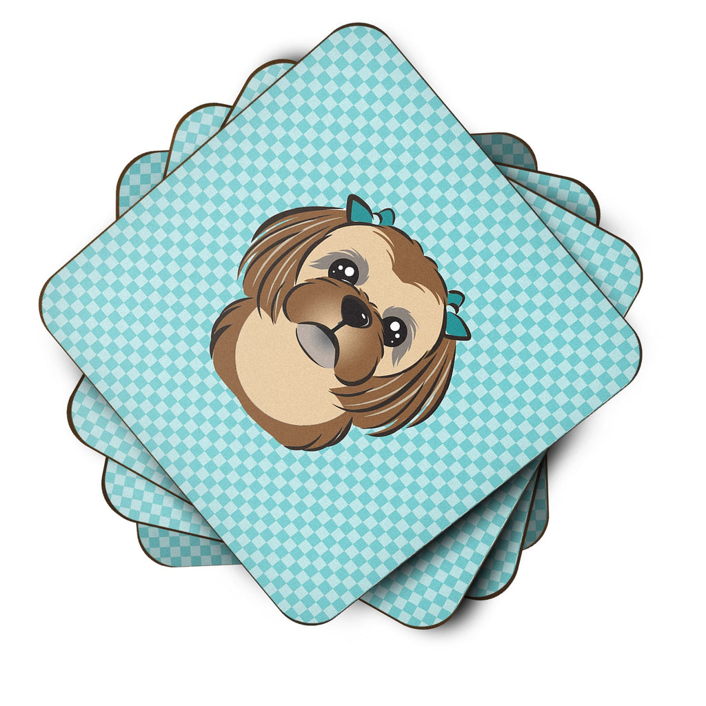 Checkerboard Blue Chocolate Brown Shih Tzu Foam Coasters Set of 4 Cup Coasters for Indoor Outdoor, Tabletop Protection, Anti Slip, Mouse pad Material